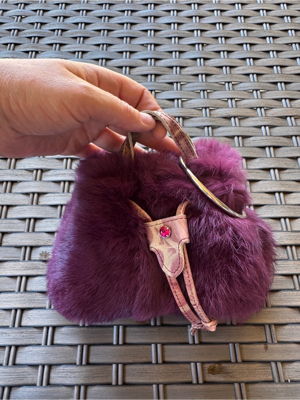 Caterina Lucchi Fur Mini Handbag Made In Italy Burgundy Ring Handle Y2K - Picture 11 of 15